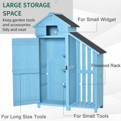 Outsunny Wooden Shed, Garden Storage Cabinet with Log Store, Waterproof Asphalt Roof and Lockable Door, Narrow Tool Organizer, 130 x 55 x 180 cm 