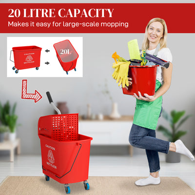 HOMCOM 20L Mop Bucket on Wheels, with Water Separation Panel - Red 