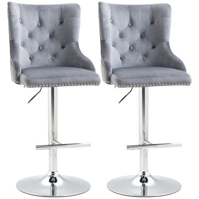 HOMCOM Modern Adjustable Bar Stools Set of 2, Swivel Velvet Barstools with Button Tufted Back, Footrest, Nailhead Trim for Home Bar, Grey 