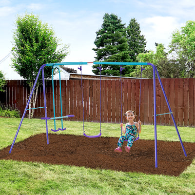 Outsunny Height Adjustable Metal Swing Set with Glider, Two Swing Seats and Adjustable Height, Outdoor Heavy Duty A-Frame 