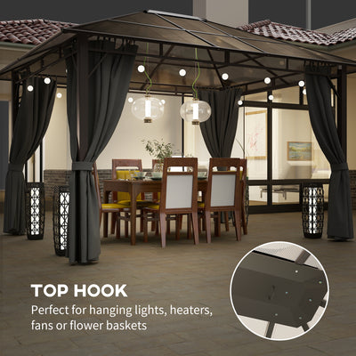 Outsunny 3 x 3.6m Hardtop Gazebo Canopy with Polycarbonate Roof Garden Pavilion with Removable Curtains and Steel Frame, Dark Grey 