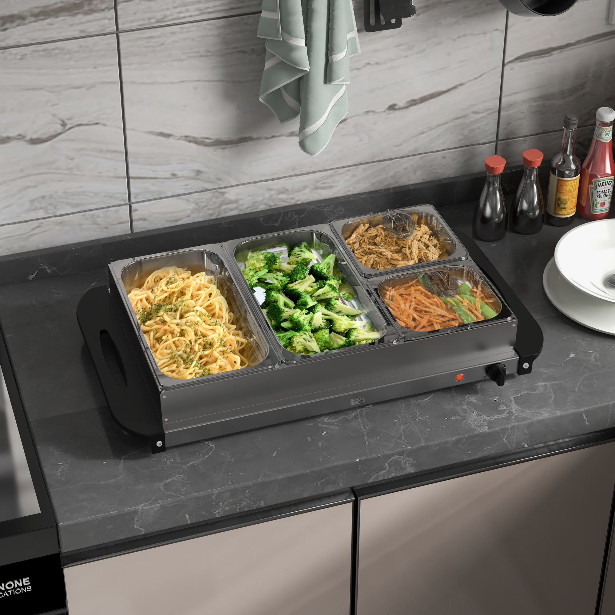 HOMCOM 4 Tray Electric Food Warmer Buffet Server with Warming Plate, Cool Touch Handles, Adjustable Temperature, 300W, 2 x 2.4L and 2 x 1L Pans 