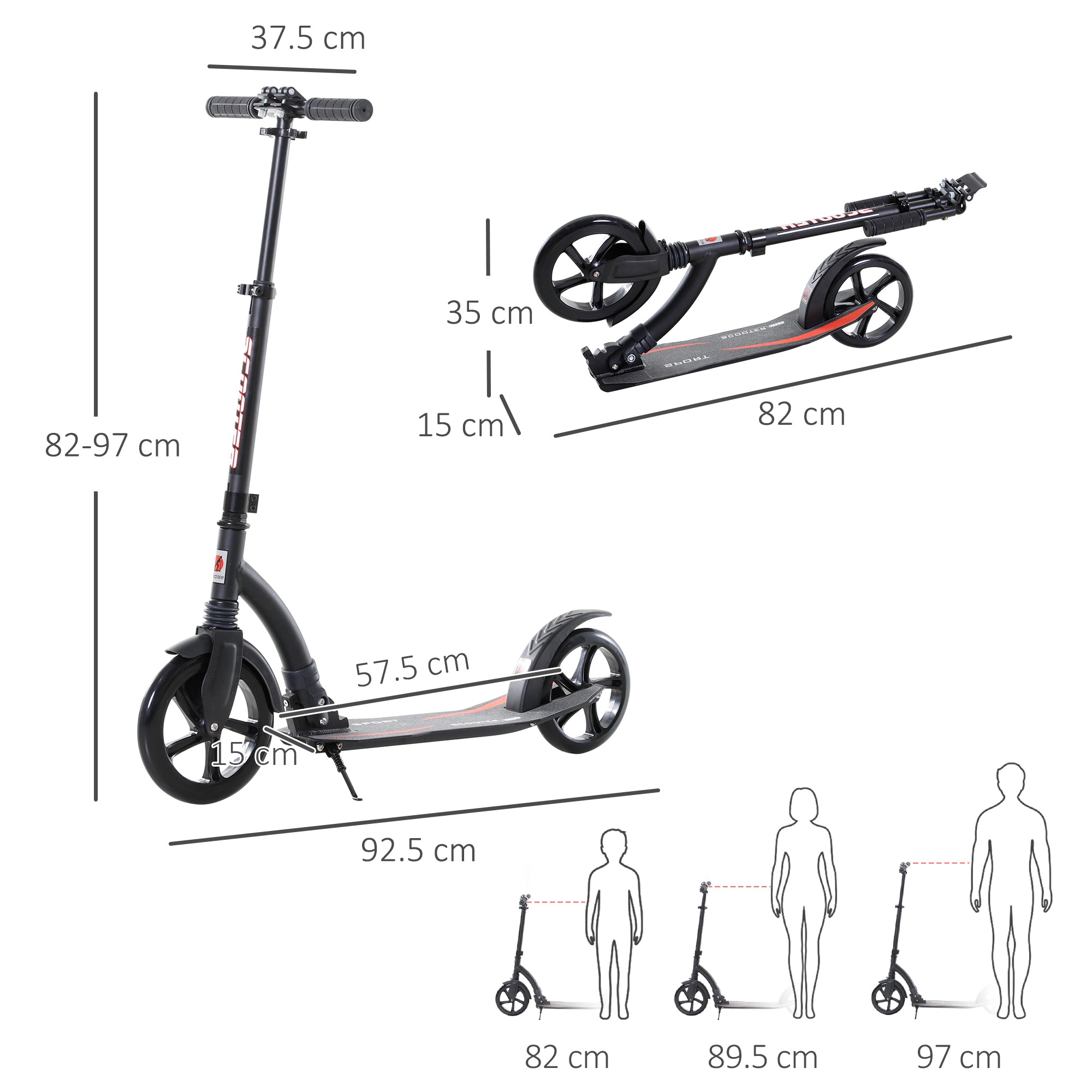 HOMCOM Foldable Kick Scooter with Double Shock Absorption and Big Wheels, Height Adjustable Aluminium Frame Big Wheel Scooter for 14+ Teens Adult - Black 
