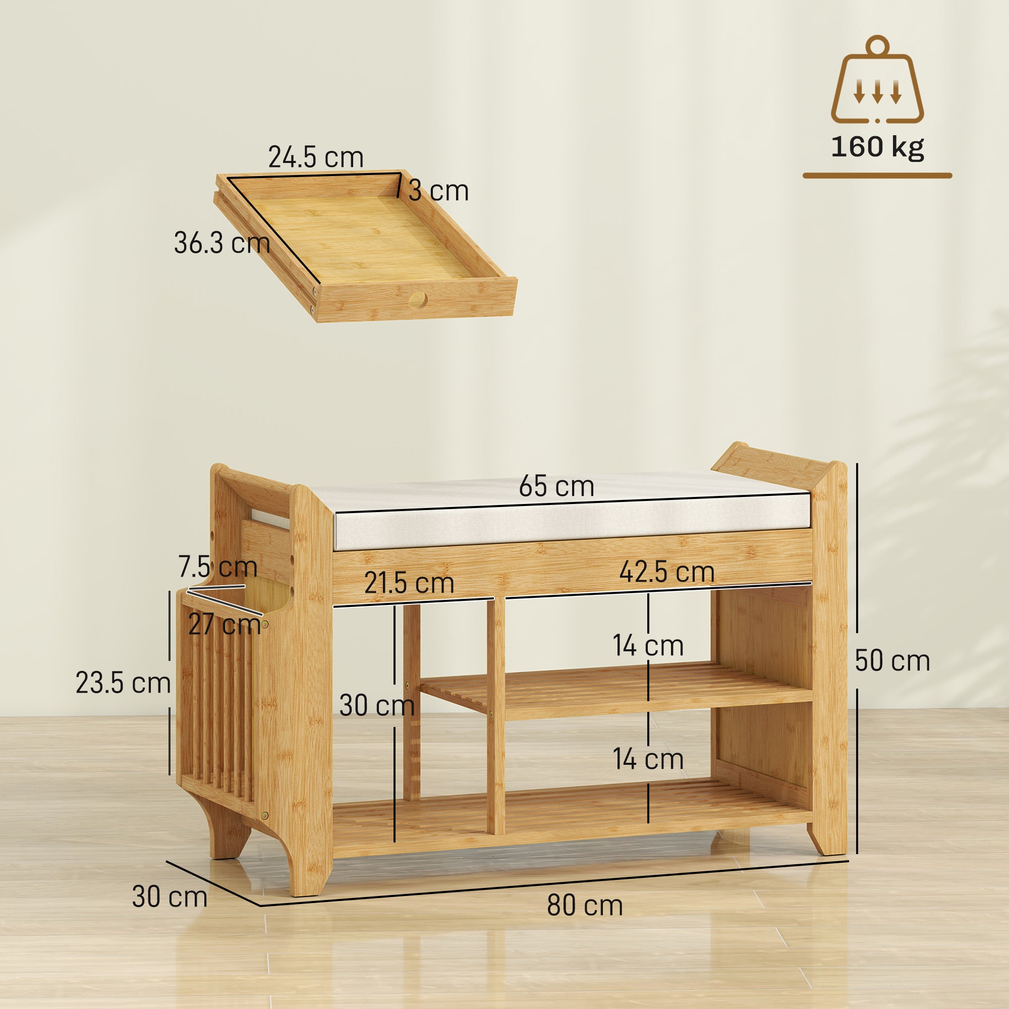 HOMCOM Shoe Bench 2-Tier Boot Section Entryway Storage Bench Cushioned Seat 80 x 30 x 50 cm Natural and Cream