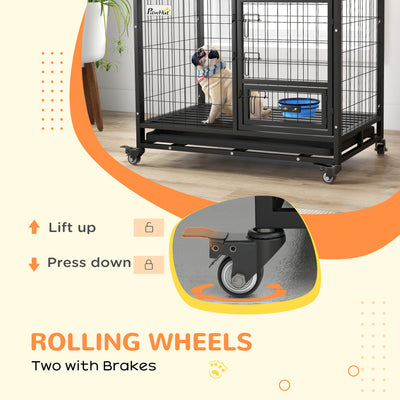 PawHut Heavy Duty Dog Crate on Wheels w/ Bowl Holder, Removable Tray, Openable Top, Detachable Door, for M, L Dogs 