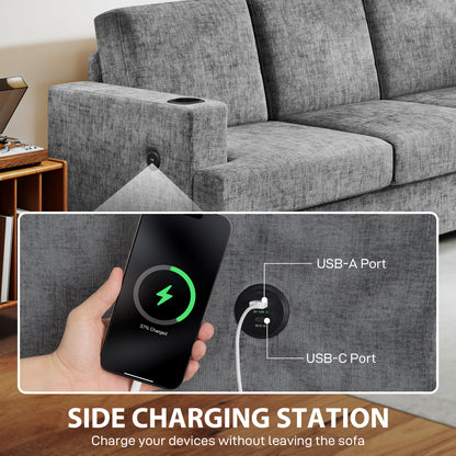 HOMCOM 3 Seater Sofa with USB Ports & Cup Holders - Grey