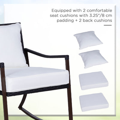 Outsunny Rattan Bistro Set, 3 Pieces Wicker Garden Furniture Set with Rocking Chairs and Round Glass Top Coffee Table, Small Balcony Furniture with Cushions for Outdoor, Porch, Brown 