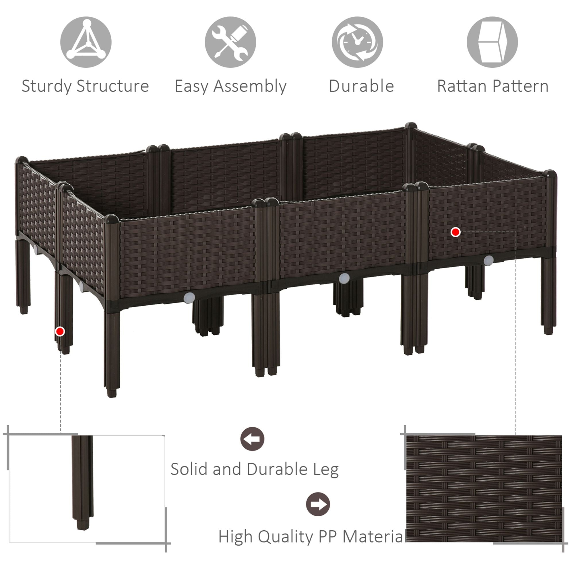 Outsunny Set of 6 26L Garden Raised Bed Elevated Patio Flower Plant Planter Box PP Vegetables Planting Container, Brown 