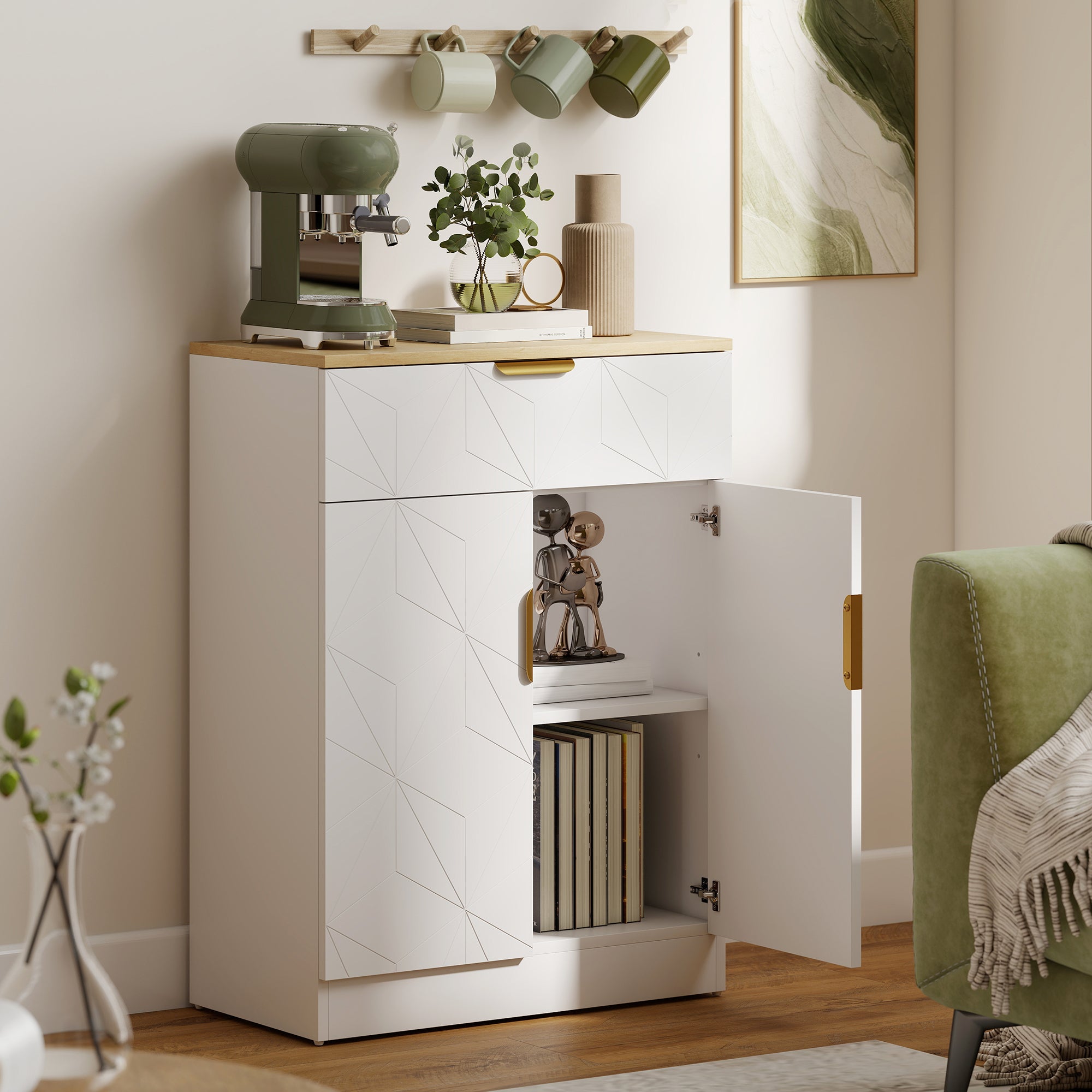 HOMCOM Sideboard Storage Cabinet, Modern Storage Cupboard with Drawer and Adjustable Shelf for Living Room, Kitchen, Dining Room, Entryway, White 