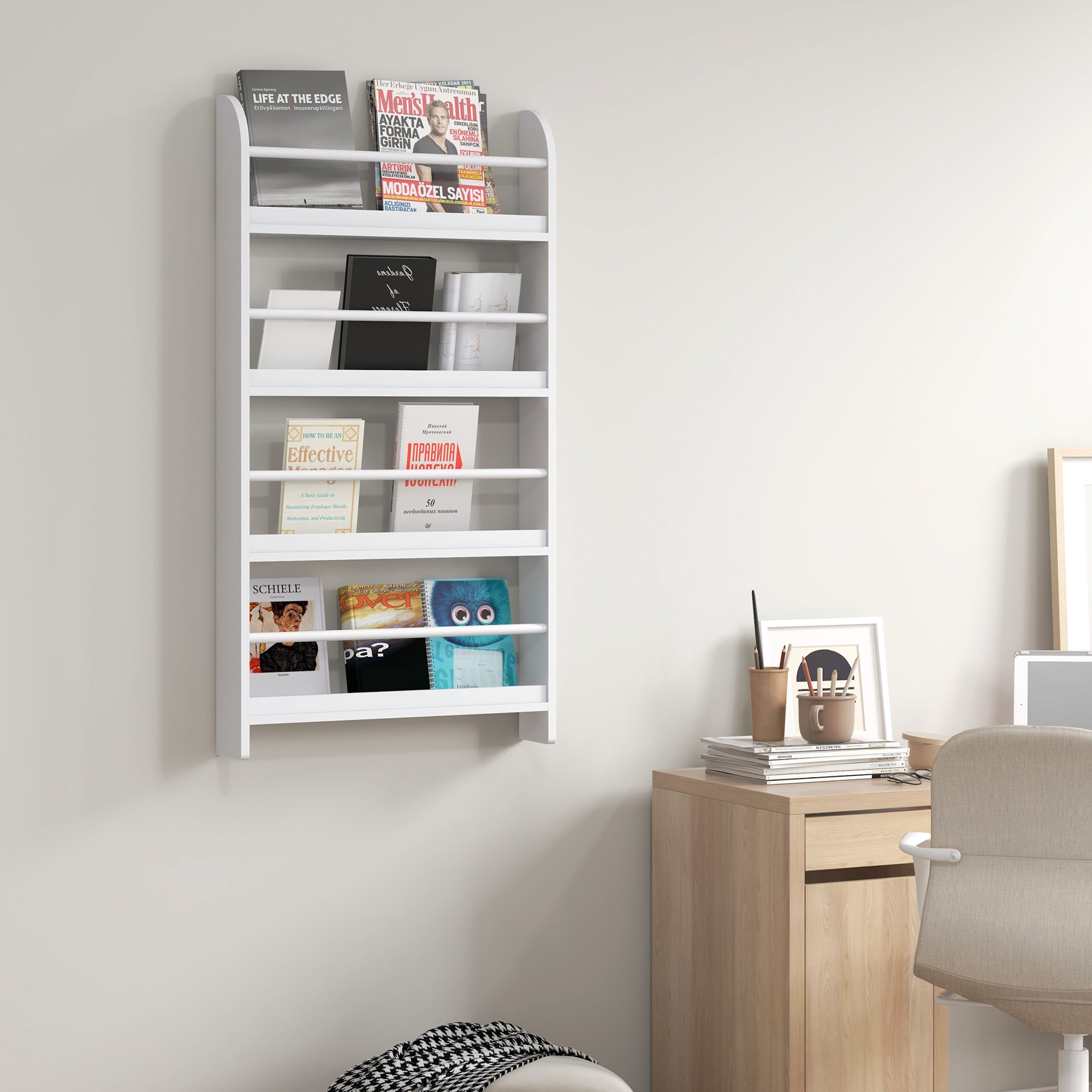 HOMCOM Wood Wall/Standing Magazine Holders Book Rack Shelf 4 Tiers Space Saving Design Water Resist Home Office Decoration 