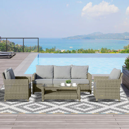 Outsunny 4 Pieces Patio Wicker Sofa Set, Outdoor PE Rattan Sectional Conversation Aluminium Frame Furniture Set w/ Padded Cushion & 2-Tier Tea Table, Brown 