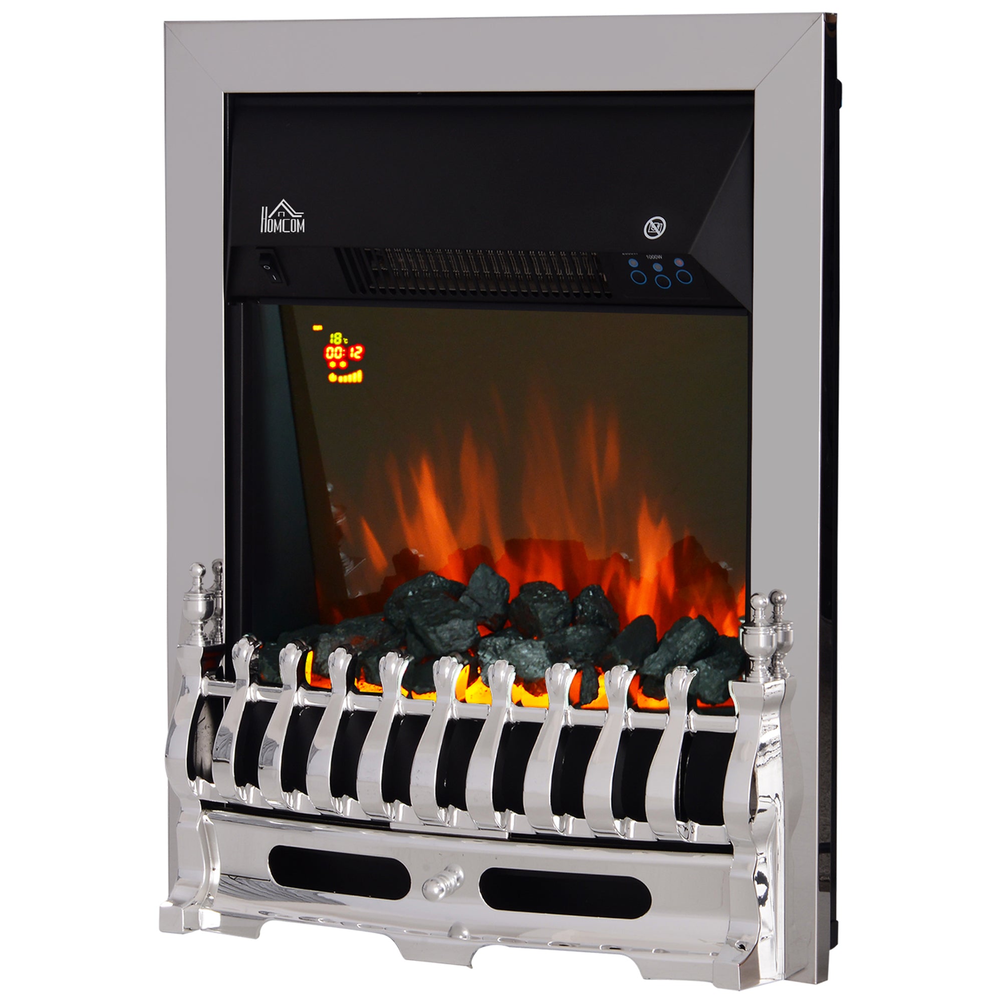 HOMCOM Contemporary Electric Fireplace Coal Burning Flame Effect Inset Fire Place Space Heater Glass View LED Lighting with Remote Control, 1000W/2000W 