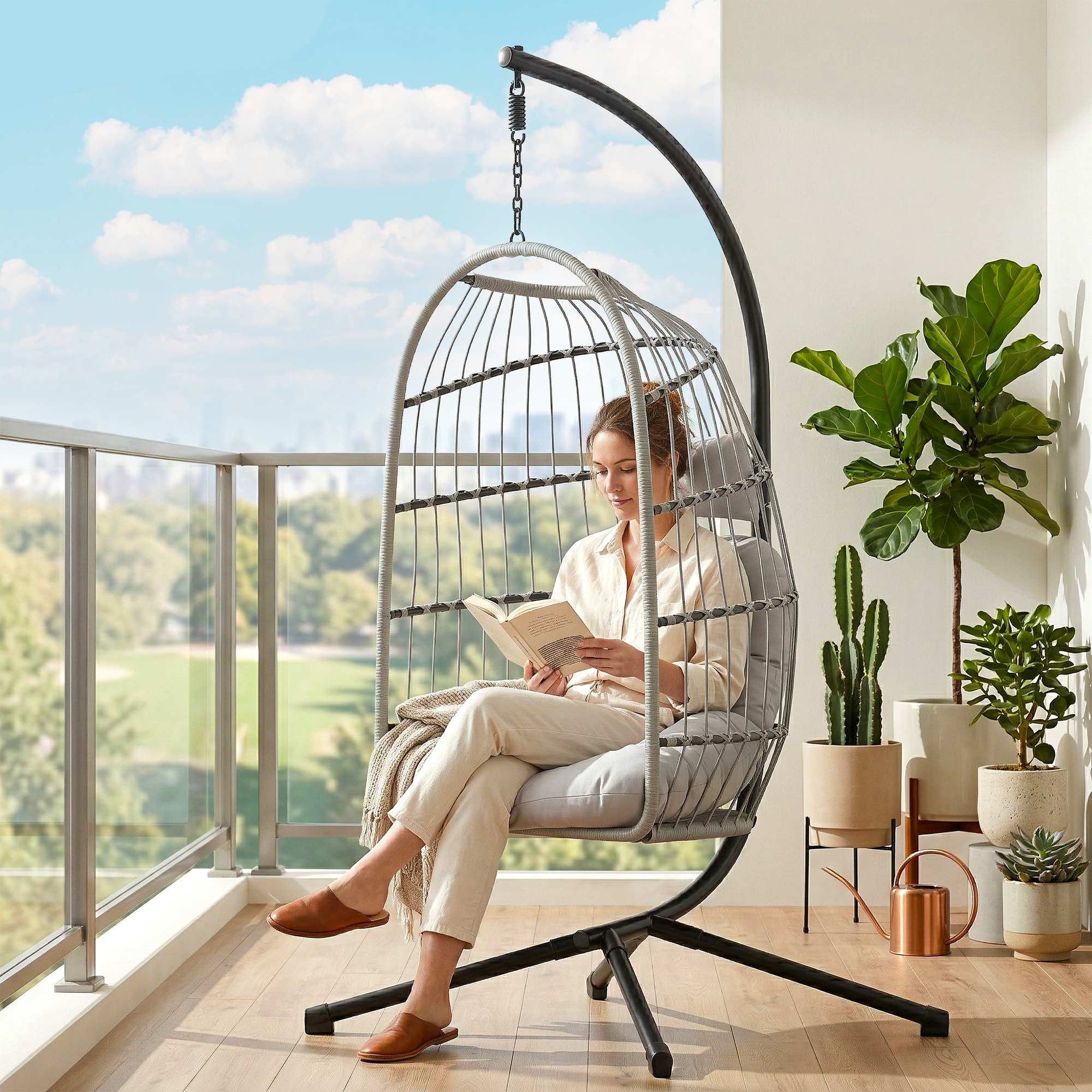 Outsunny Hanging Egg Chair, Indoor Outdoor Hammock Swing Chair with Stand, Safety Strap, Foldable Basket, Light Grey 