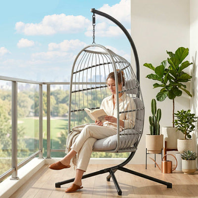 Outsunny Hanging Egg Chair, Indoor Outdoor Hammock Swing Chair with Stand, Safety Strap, Foldable Basket, Light Grey 