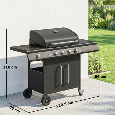 Outsunny 4+1 Burner Gas BBQ Grill with Storage Cabinet, 15.2 kW Gas Barbecue Trolley with Side Table, 4 Wheels, Warming Rack 