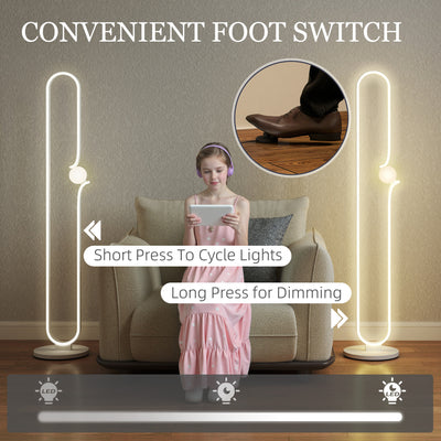 HOMCOM LED Floor Lamp, Dimmable Floor Standing Lamp with Glass Night Light, Foot Switch for Living Room, Bedroom, Office, White 