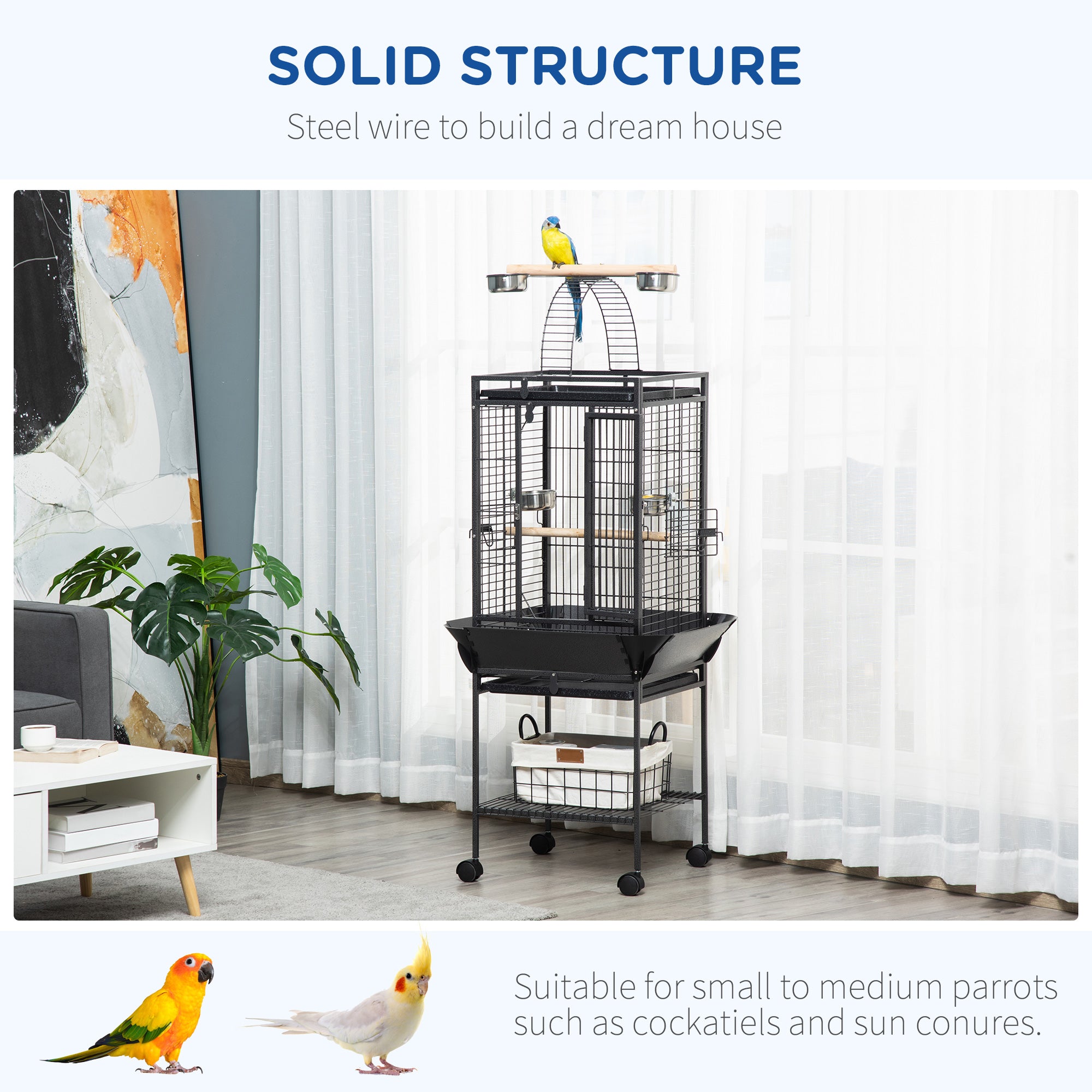 PawHut 156cm Bird Cage,Large Parrot Cage with Open Play Top, Perch, Seed Guard, Wheels, Storage Shelf, Dark Grey 
