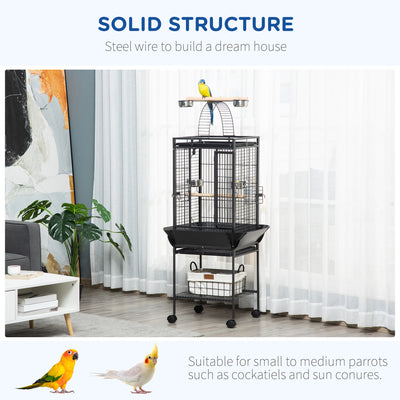 PawHut 156cm Bird Cage,Large Parrot Cage with Open Play Top, Perch, Seed Guard, Wheels, Storage Shelf, Dark Grey 