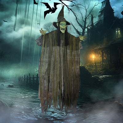 Outsunny 170 cm Life Size Hanging Halloween Animated Witch with Glowing LED Eyes, Spooky Witch Scary Halloween Decorations, Battery Operated, Indoor Party Props 