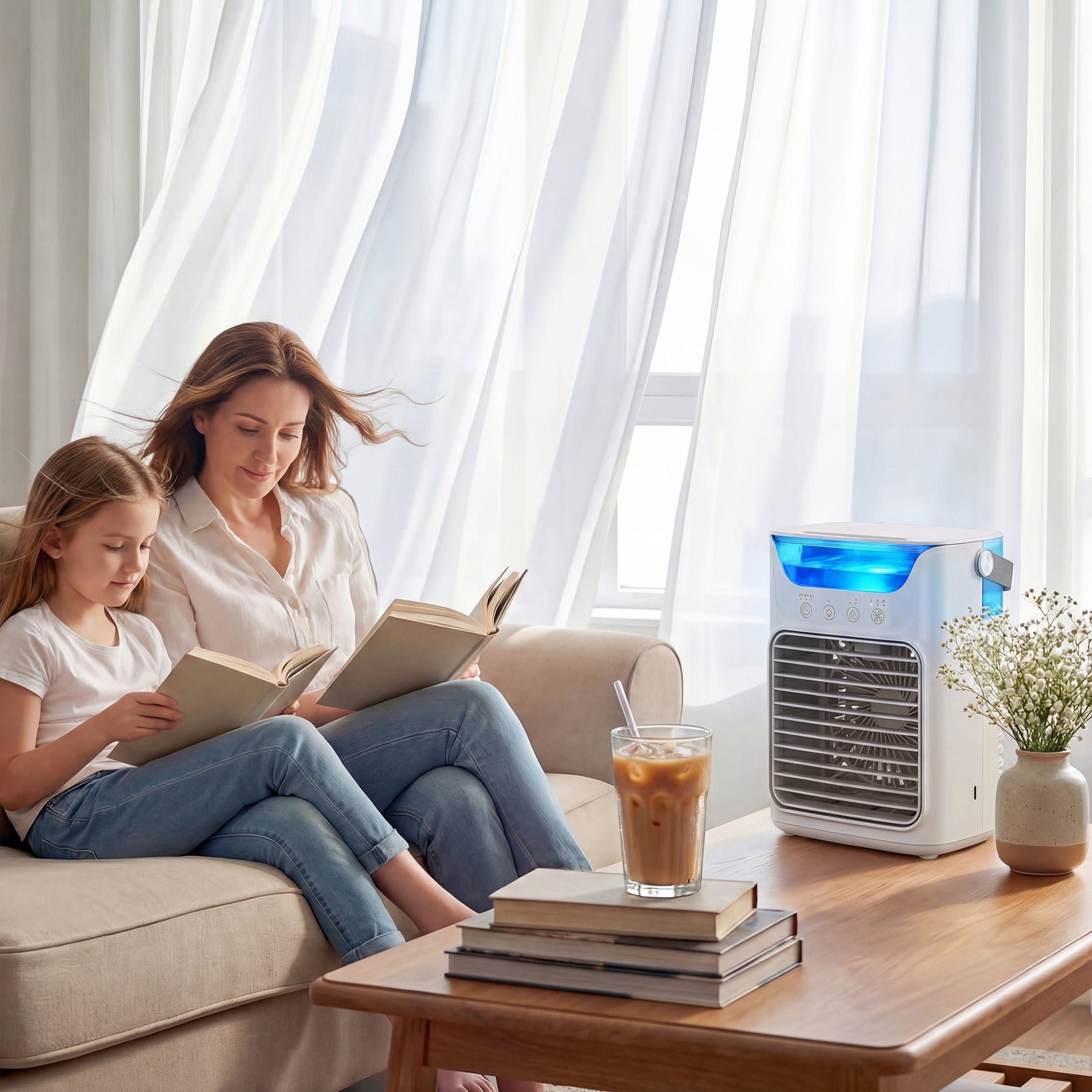 HOMCOM Air Cooler with Adjustable Head, Portable Air Conditioner with 3 Wind Speed, 2 Cool Mist, RGB Light, Grey 