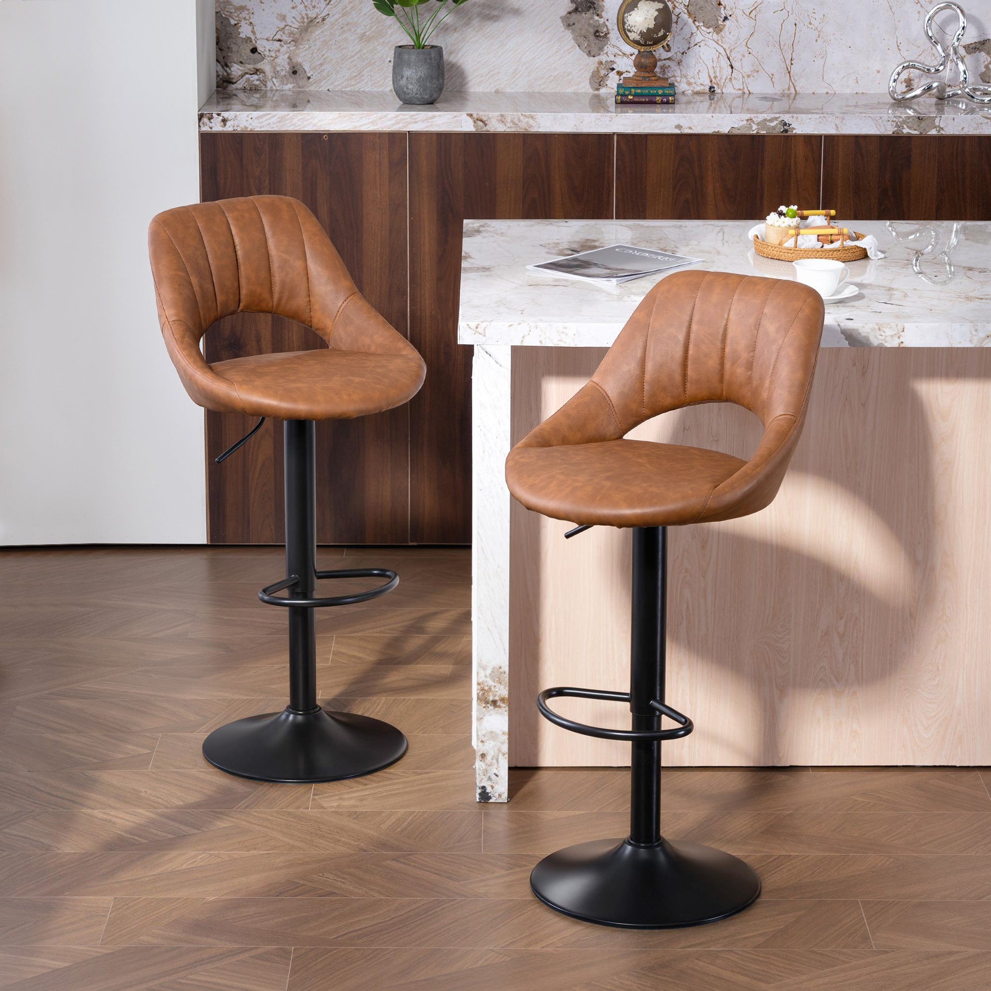 HOMCOM Bar Stools Set of 2, PU Leather Swivel Barstools with Backrest and Footrest for Kitchen, Counter, Breakfast Bar, Brown 