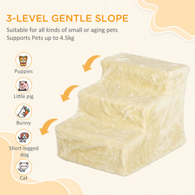 PawHut Three-Step Dog Stairs, with Washable Plush Cover, for High Bed Sofa, Dog Stairs for Small Dog and Cat - Beige 
