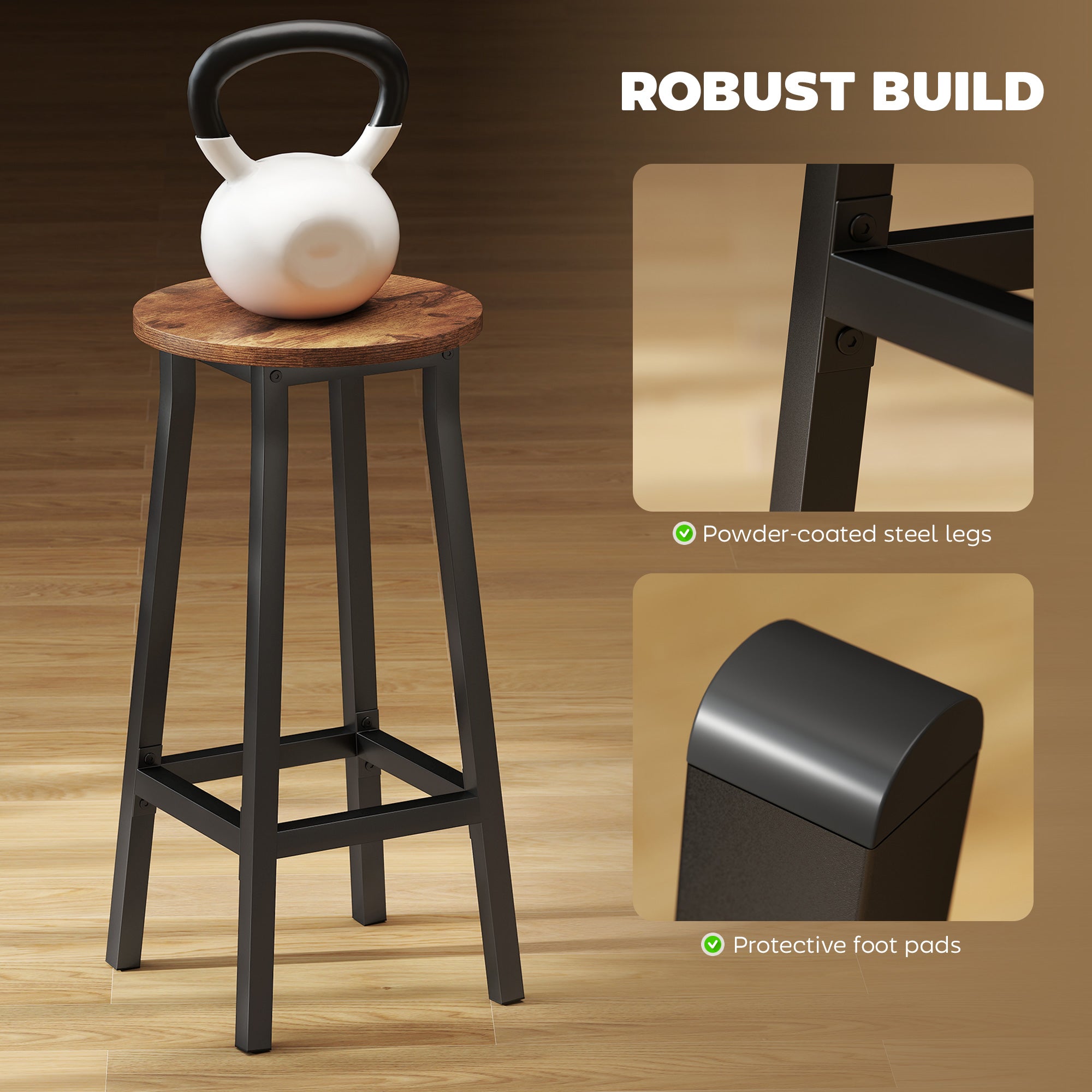 HOMCOM Bar Stools Set of 2 Breakfast Bar Stools with Footrest, Industrial Round, 32 x 32 x 65 cm, Rustic Brown 