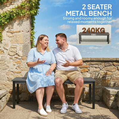 Outsunny 2 Seater Garden Bench, Outdoor Bench Loveseat with Wood-Effect Slatted Seat and Steel Frame for Patio, Park, Grey 