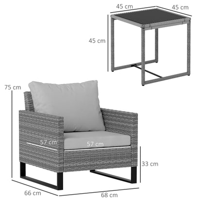 Outsunny 3 Pieces Rattan Bistro Set with 4 Cushions, Wicker Garden Furniture Set, Glass Top Coffee Table and Chairs for Outdoor Patio, Balcony, Terrace and Conservatory, Grey 