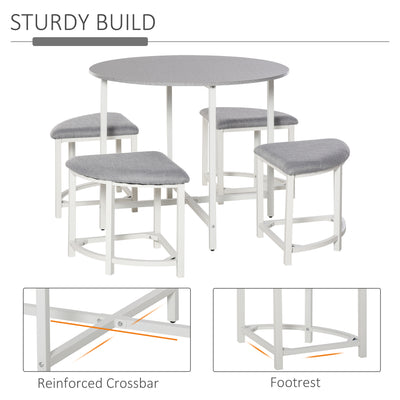 HOMCOM Modern Round Dining Table Set with 4 Upholstered Stools for Dining Room, Kitchen, Grey 