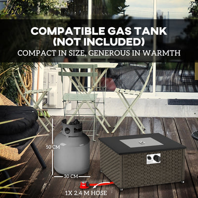 Outsunny Rattan Gas Fire Pit Table for Garden, 13 KW Smokeless Propane Fire Pit with Lid, Square Garden Coffee Table with Patio Heater for Outdoor, Patio, 58 x 58 x 33 cm, Grey 