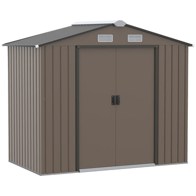 Outsunny 7 x 4ft Metal Garden Shed, Outdoor Storage Tool House with Ventilation Slots, Foundation Kit and Lockable Double Doors, Brown 