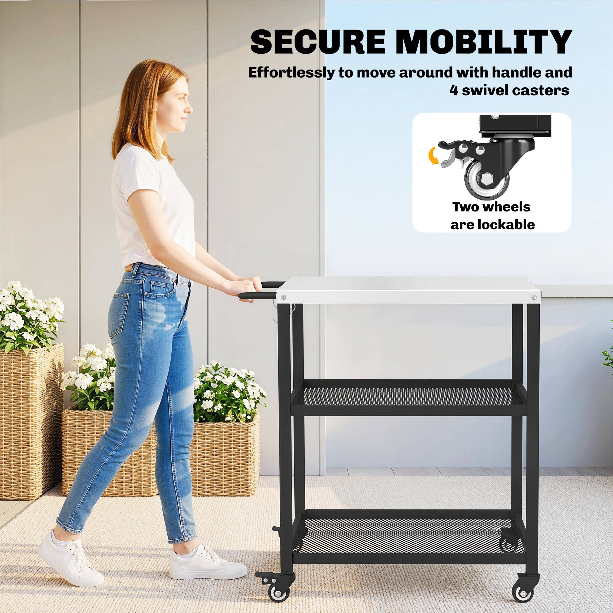 Outsunny Outdoor Grill Cart with Stainless Steel Tabletop, 3-Tier Pizza Oven Stand with Adjustable Shelf, Hooks, Wheels, Black 