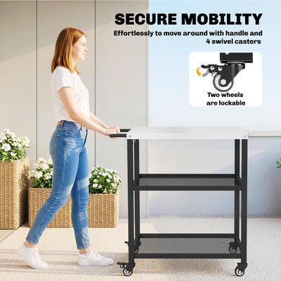 Outsunny Outdoor Grill Cart with Stainless Steel Tabletop, 3-Tier Pizza Oven Stand with Adjustable Shelf, Hooks, Wheels, Black 