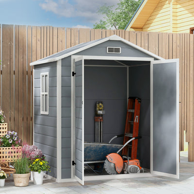 Outsunny 6'x4.5' Garden Storage Shed, Lockable Garden Shed with Double Doors, Window, Vent and Plastic Roof, Grey 