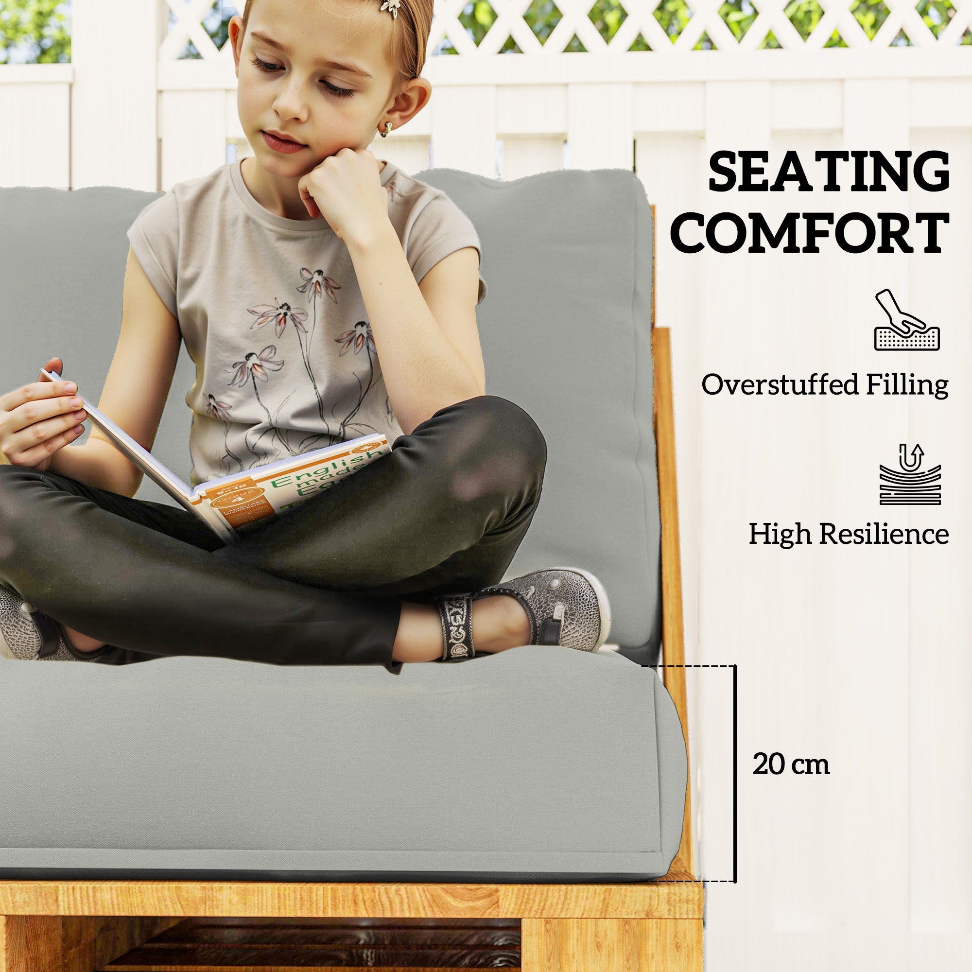 Outsunny 2 Seater Pallet Furniture Cushions Pallet Cushions, UPF20+ 220gsm Fabric, 20 cm Thick Outdoor Seat Pads, Light Grey 