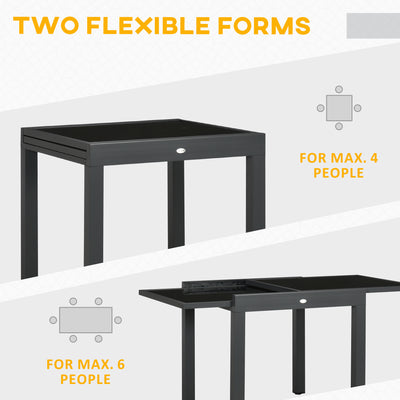 Outsunny Extending Garden Table, Outdoor Dining Table with Aluminium Frame and Tempered Glass Tabletop, 80/160 x 80 x 75 cm, Black 
