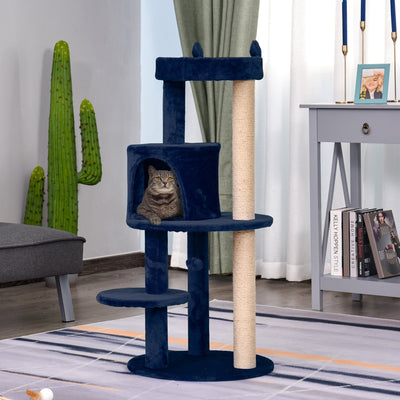 PawHut 104 cm Cat Tree, Cat Condo Tree Tower, Cat Activity Centre with Scratching Posts, Plush Perches, Hanging Ball - Blue 