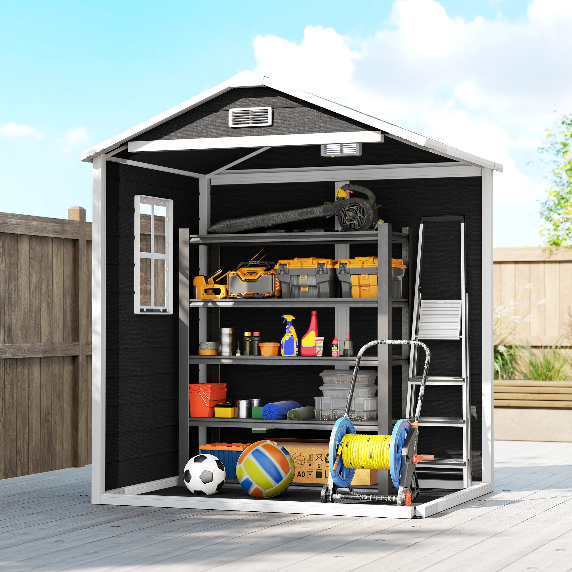 Outsunny 6'x4.5' Garden Storage Shed, Lockable Garden Shed with Double Doors, Window, Vent and Plastic Roof, Black 