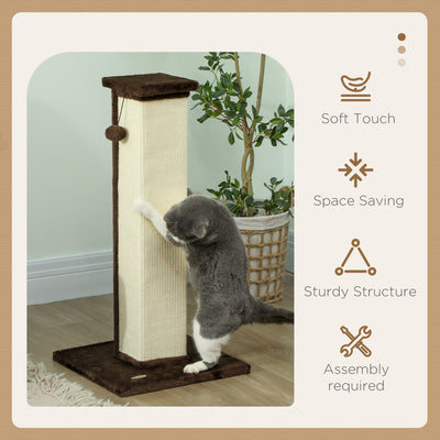 PawHut 81cm Cat Scratcher, Vertical Full Scratcher w/ Natural Sisal Rope, Hanging Ball, Soft Plush - Brown 
