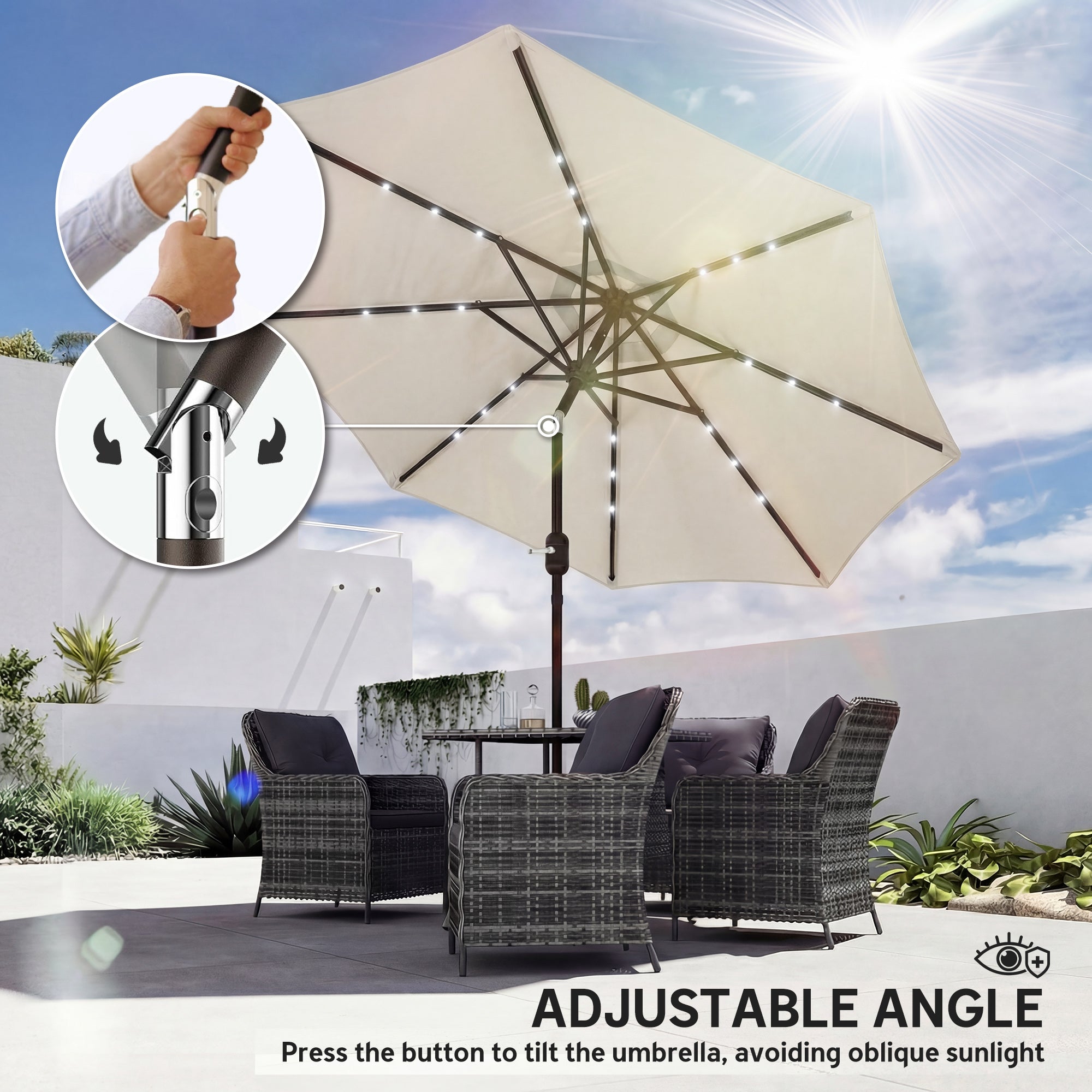 Outsunny 2.6 m Garden Parasol Umbrella with LED Solar Light, Parasol Cover, Outdoor Market Patio Umbrella, Cream White 