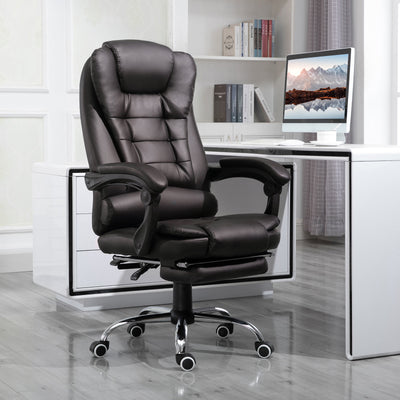 HOMCOM PU Leather Executive Office Chair, High Back Swivel Chair with Retractable Footrest, Adjustable Height, Reclining Function, Brown 