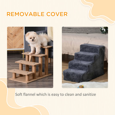 PawHut Four-Step Dog Stairs, with Washable Plush Cover, for High Bed Sofa, Dog Stairs for Small Dog and Cat - Dark Grey 