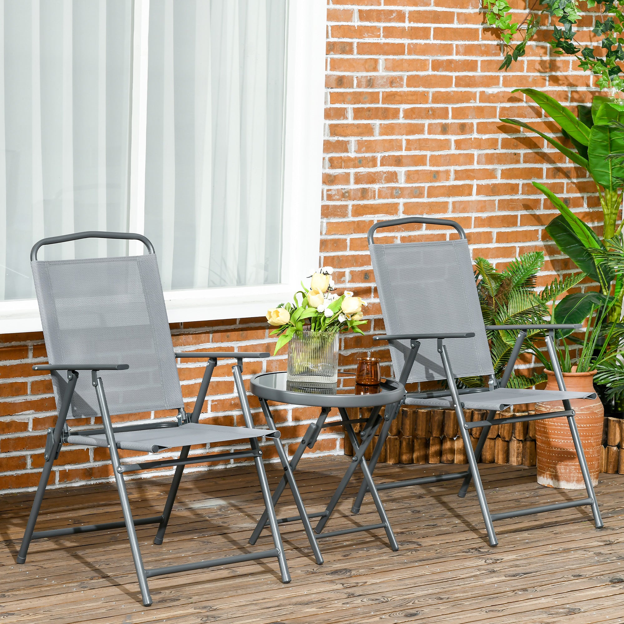 Outsunny Three-Piece Garden Seat Set, with Glass-Top Table - Light Grey 