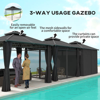 Outsunny 3 x 3 (m) Outdoor Polycarbonate Gazebo, Double\'c2\'a0Roof Hard Top Gazebo with\'c2\'a0Galvanised Steel Frame, Nettings\'c2\'a0&\'c2\'a0Curtains for Garden, Lawn, Patio and Deck, Dark Grey 
