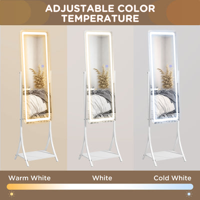 HOMCOM Free Standing Dressing Mirror with LED Lights, Full Length Mirror with 3 Temperature Colours and Storage Shelf 
