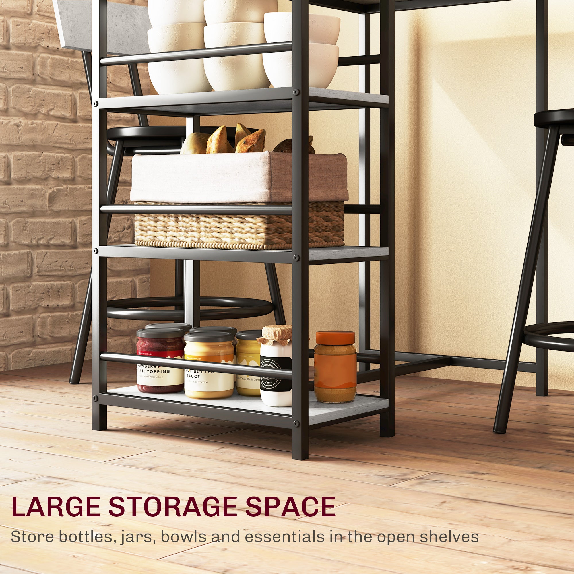 HOMCOM Three-Piece Kitchen Dining Set, with Shelves - Grey/Black