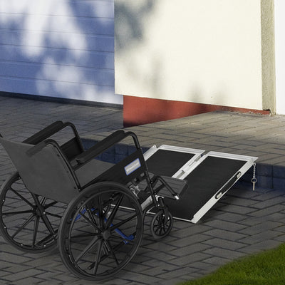 HOMCOM 2ft Aluminium Duo Wheelchair Ramp Pushchair Mobility Assistance Folding w/ Carry Handle Locking Chain Portable 61L x 72W cm 