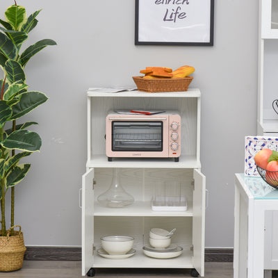 HOMCOM Kitchen Storage Unit, Modern Microwave Stand Trolley Cart, Sideboard with Cabinet,  Locking Wheels, Shelf for Living Room, Dining Room, White 