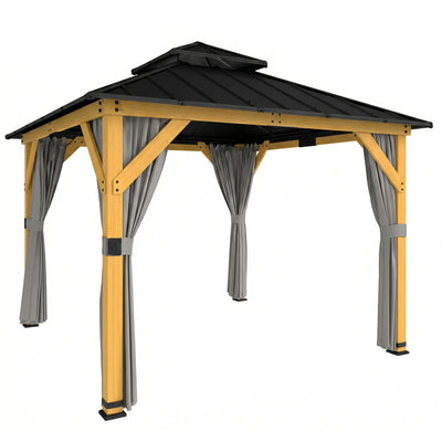 Outsunny 3 x 3 m Outdoor Hardtop Gazebo Canopy with 2-Tier Steel Roof, Wood Garden Gazebo with Curtains, Grey 